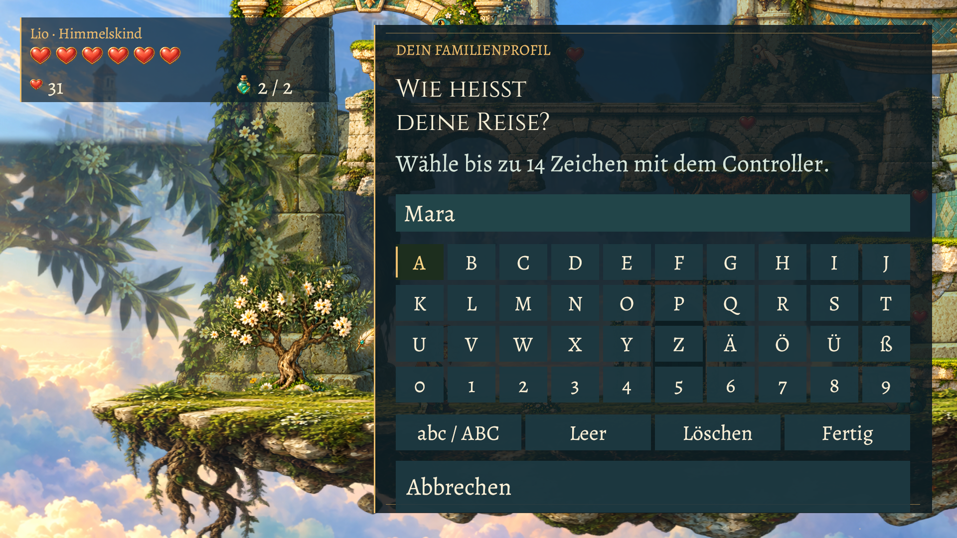 Spielbild: Namen mit dem Controller